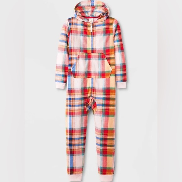CAT & JACK Girls' Printed Union Suit Onesies Fleece Plaid Pajamas w. Hood - Picture 1 of 15